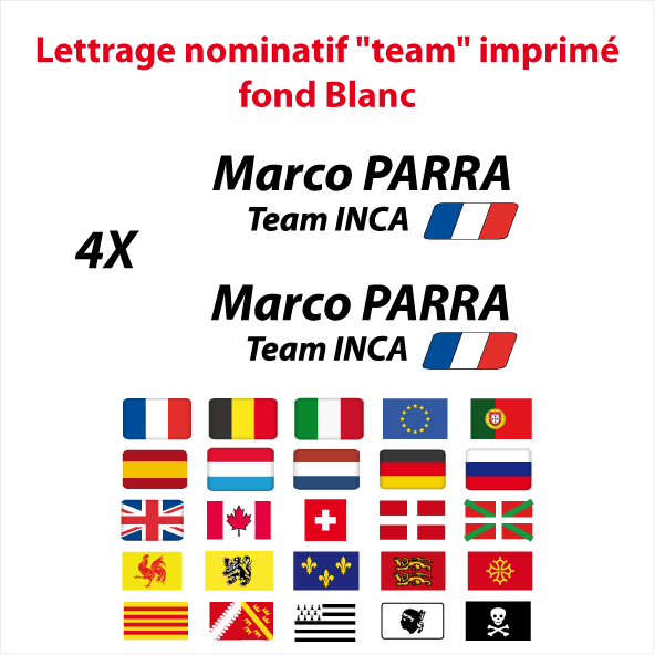 Lettrage imprimé nom prénom team drapeau blanc