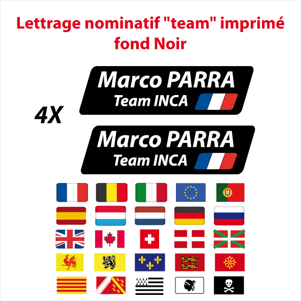 Lettrage imprimé nom prénom team drapeau noir